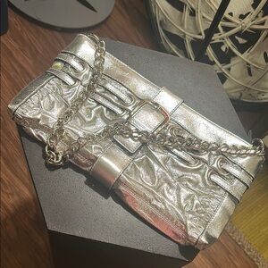 Glamorous Worthington platinum Silver Textured Clutch with chain